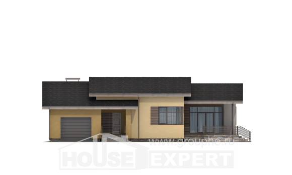 135-002-Л Проект одноэтажного дома и гаражом, небольшой загородный дом из керамзитобетонных блоков, House Expert